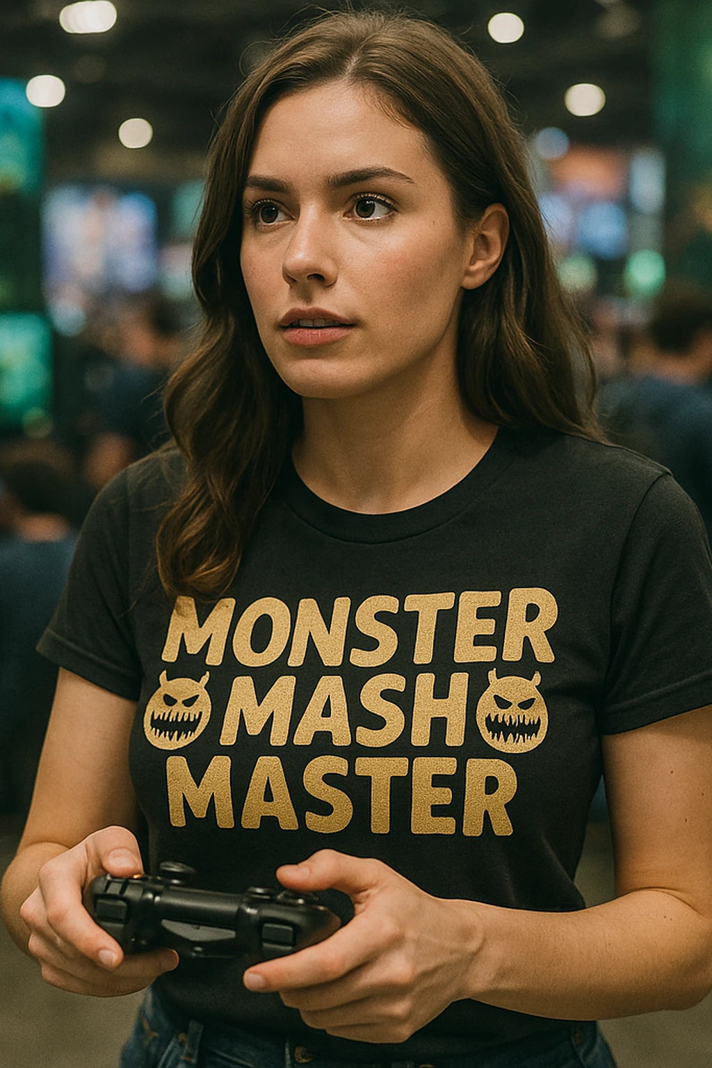 A person with long brown hair wearing a black t-shirt with the text "MONSTER MASH MASTER" printed in gold. They are holding a video game controller and appear to be in a gaming environment with blurred lights and screens in the background.