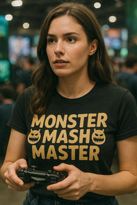 A person with long brown hair wearing a black t-shirt with the text 