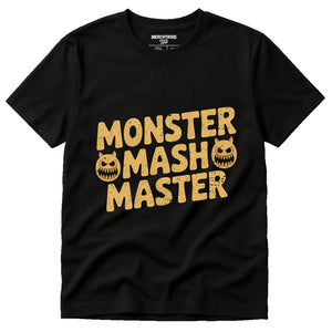 Black Monster Tee Shirts - "Monster Mash Master" graphic tee with gold print, flat lay product photo