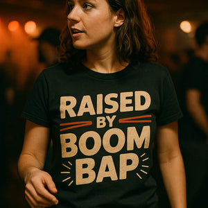 "Raised By Boom Bap" black hip hop tshirt, photographed as gift for hip hop lover
