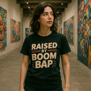 Lifestyle shot of the "Raised By Boom Bap" black hip hop tshirt in a real-world setting