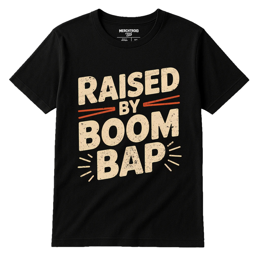 Black Hip Hop Tshirt - "Raised By Boom Bap" graphic tee with beige print, flat lay product photo
