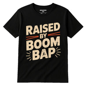 Black Hip Hop Tshirt - "Raised By Boom Bap" graphic tee with beige print, flat lay product photo