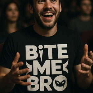 "Bite Me Bro" black vampire t shirt, photographed as gifts for vampire lovers