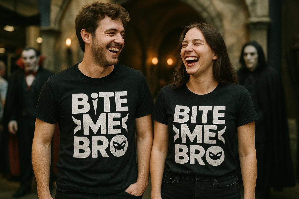Person wearing the black vampire t shirt graphic tee - "Bite Me Bro" design