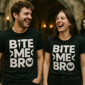 Person wearing the black vampire t shirt graphic tee - "Bite Me Bro" design