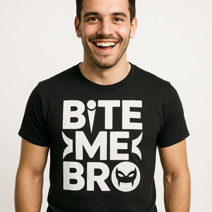 Close-up of the "Bite Me Bro" white print on a premium Bella+Canvas black vampire t shirt