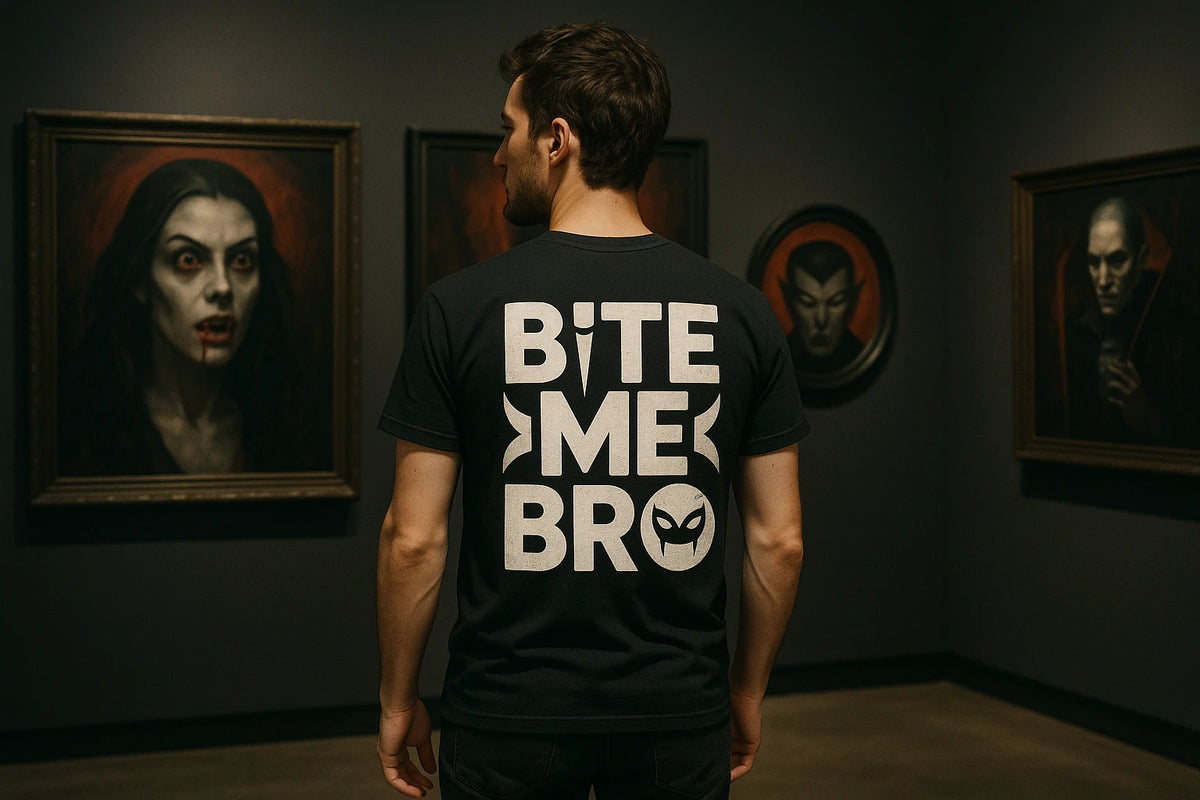 Lifestyle shot of the "Bite Me Bro" black vampire t shirt in a real-world setting