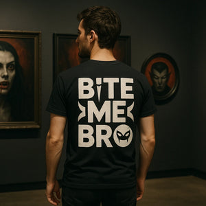 Lifestyle shot of the "Bite Me Bro" black vampire t shirt in a real-world setting