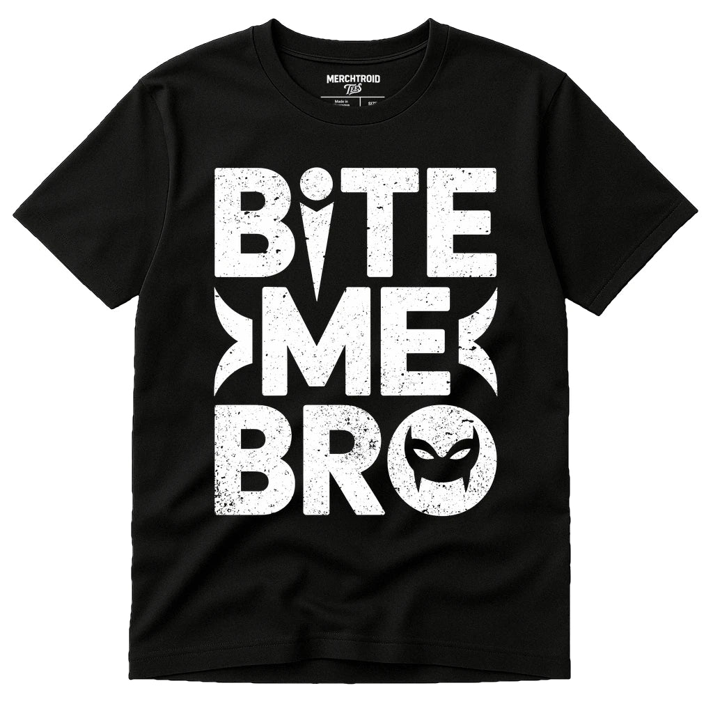 Black Vampire T Shirt - "Bite Me Bro" graphic tee with white print, flat lay product photo