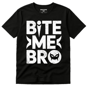 Black Vampire T Shirt - "Bite Me Bro" graphic tee with white print, flat lay product photo