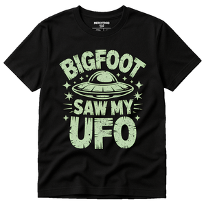 Black Alien Tee Shirts - "Bigfoot Saw My UFO" graphic tee with light gray print, flat lay product photo
