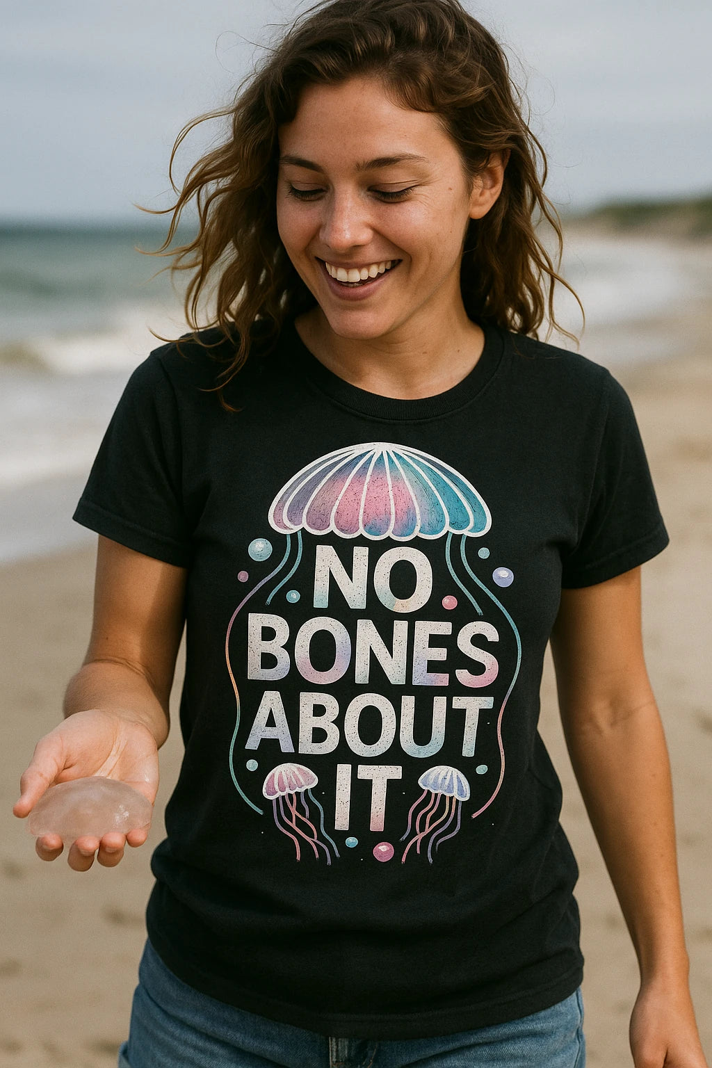 "No Bones About It" black jellyfish shirts, photographed as gifts for jellyfish lovers