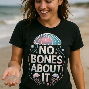 "No Bones About It" black jellyfish shirts, photographed as gifts for jellyfish lovers