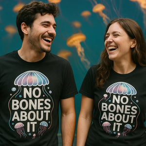 Person wearing the black jellyfish shirts graphic tee - "No Bones About It" design