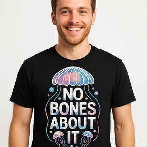 Close-up of the "No Bones About It" white print on a premium Bella+Canvas black jellyfish shirts