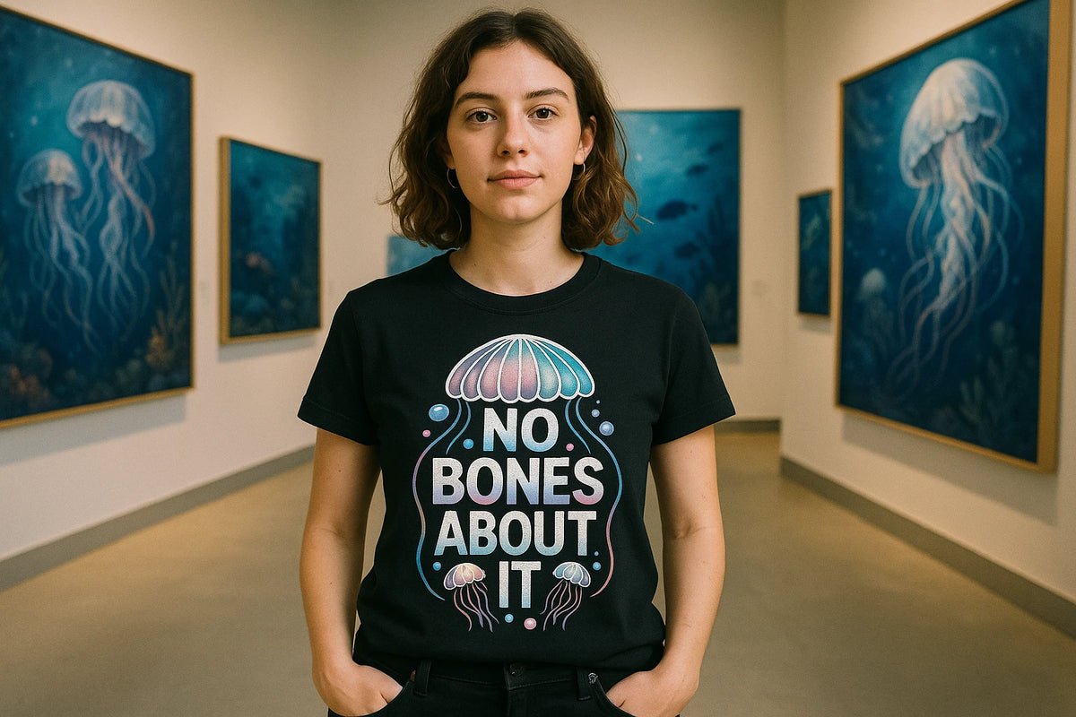 Lifestyle shot of the "No Bones About It" black jellyfish shirts in a real-world setting