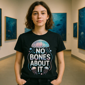 Lifestyle shot of the "No Bones About It" black jellyfish shirts in a real-world setting