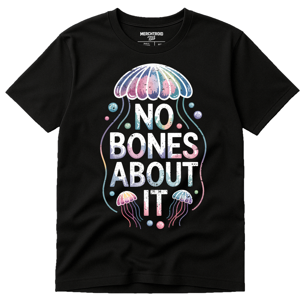 Black Jellyfish Shirts - "No Bones About It" graphic tee with white print, flat lay product photo