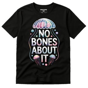 Black Jellyfish Shirts - "No Bones About It" graphic tee with white print, flat lay product photo