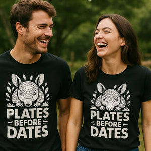 Person wearing the black armadillo shirts graphic tee - "Plates Before Dates" design
