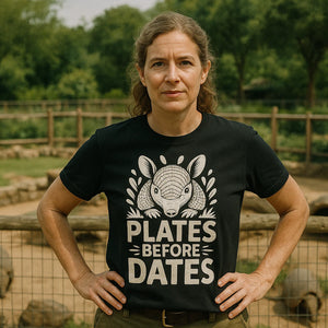 Lifestyle shot of the "Plates Before Dates" black armadillo shirts in a real-world setting
