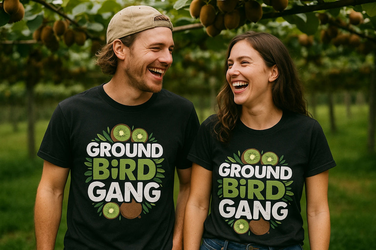 Person wearing the black kiwis t shirt graphic tee - "Ground Bird Gang" design