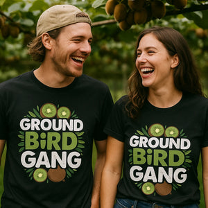 Person wearing the black kiwis t shirt graphic tee - "Ground Bird Gang" design