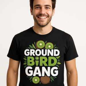 Close-up of the "Ground Bird Gang" gray print on a premium Bella+Canvas black kiwis t shirt
