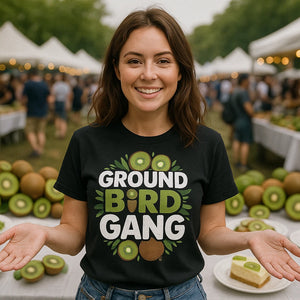Lifestyle shot of the "Ground Bird Gang" black kiwis t shirt in a real-world setting