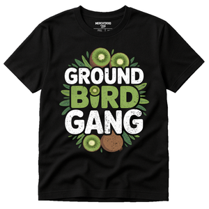 Black Kiwis T Shirt - "Ground Bird Gang" graphic tee with gray print, flat lay product photo