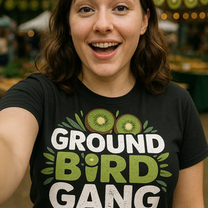 "Ground Bird Gang" black kiwis t shirt, photographed as kiwis lover gift