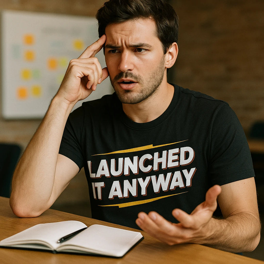 A person with dark hair is sitting at a table, gesturing with one hand and touching their temple with the other, appearing thoughtful or puzzled. They are wearing a black shirt with the text "LAUNCHED IT ANYWAY." In front of them is an open notebook with a pen. In the background, there is a blurred whiteboard with colorful sticky notes.