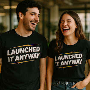 Person wearing the black entrepreneurs t shirt graphic tee - "Launched It Anyway" design