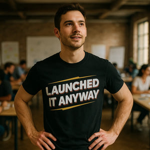 Lifestyle shot of the "Launched It Anyway" black entrepreneurs t shirt in a real-world setting