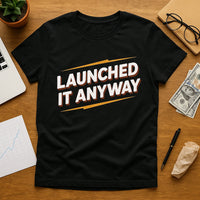 A black t-shirt featuring bold text 
