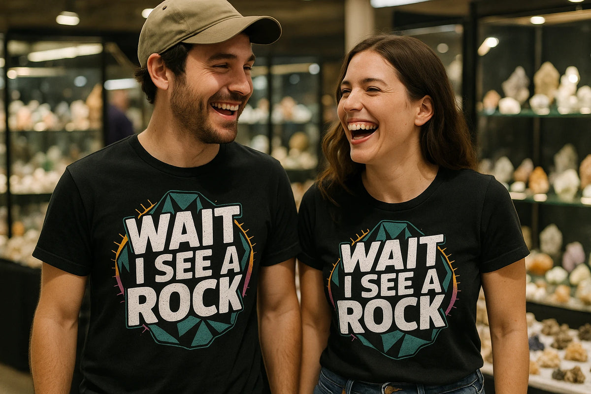 Person wearing the black rock hounding shirts graphic tee - "Wait I See a Rock" design