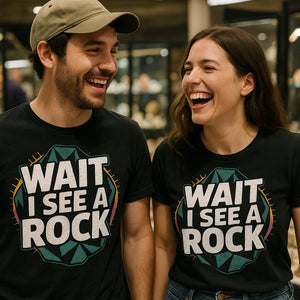 Person wearing the black rock hounding shirts graphic tee - "Wait I See a Rock" design