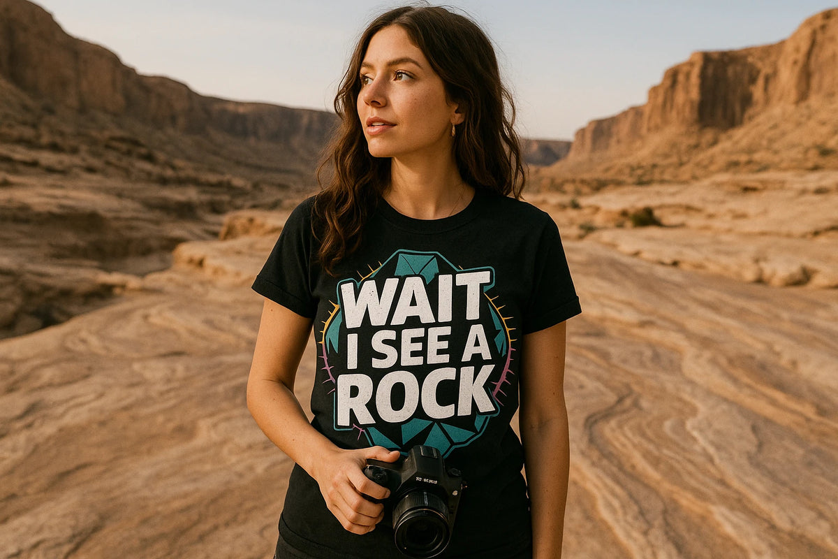 Lifestyle shot of the "Wait I See a Rock" black rock hounding shirts in a real-world setting