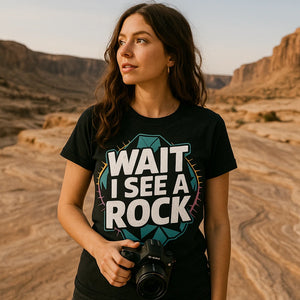 Lifestyle shot of the "Wait I See a Rock" black rock hounding shirts in a real-world setting