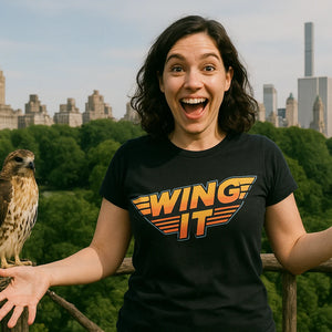 Lifestyle shot of the "Wing It" black hawks shirts in a real-world setting