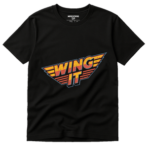 Black Hawks Shirts - "Wing It" graphic tee with orange print, flat lay product photo