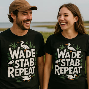 Person wearing the black egrets t shirt graphic tee - "Wade Stab Repeat" design