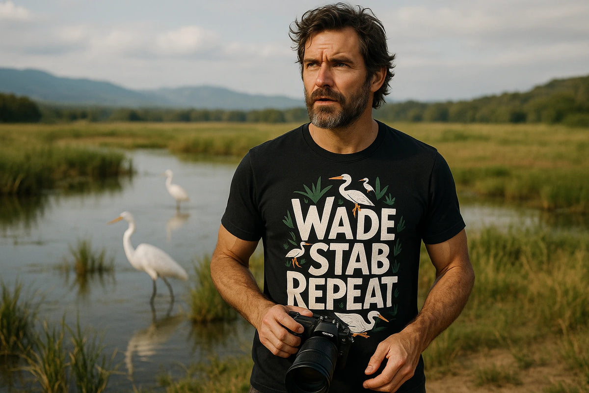 Lifestyle shot of the "Wade Stab Repeat" black egrets t shirt in a real-world setting