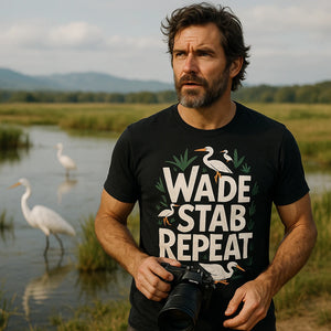 Lifestyle shot of the "Wade Stab Repeat" black egrets t shirt in a real-world setting