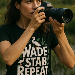 "Wade Stab Repeat" black egrets t shirt, photographed as egrets lover gift