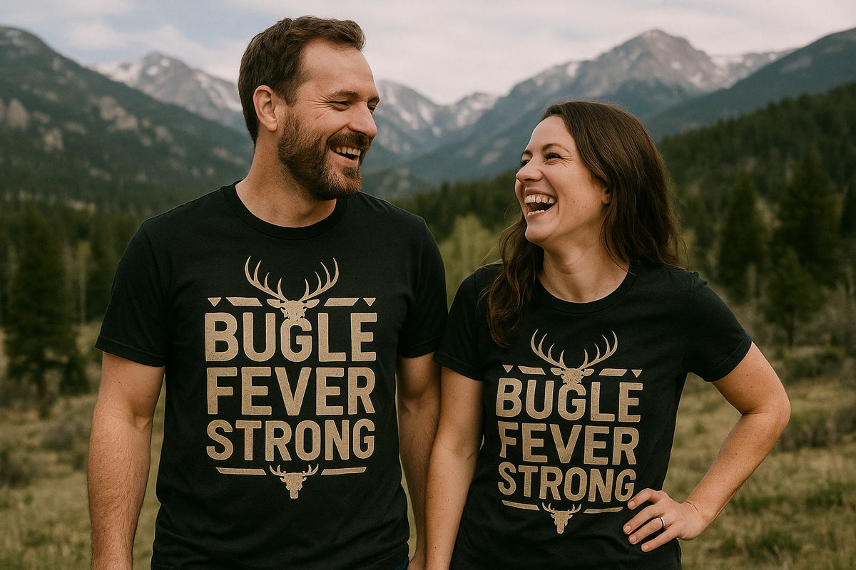 Person wearing the black elk shirts graphic tee - "Bugle Fever Strong" design