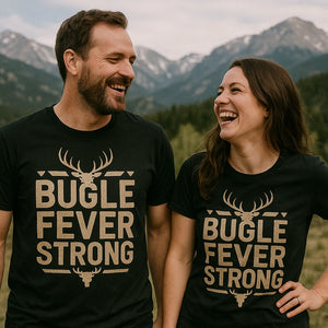 Person wearing the black elk shirts graphic tee - "Bugle Fever Strong" design