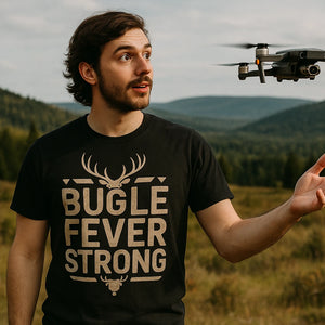 Lifestyle shot of the "Bugle Fever Strong" black elk shirts in a real-world setting