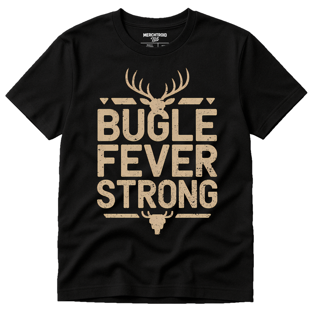 Black Elk Shirts - "Bugle Fever Strong" graphic tee with tan print, flat lay product photo